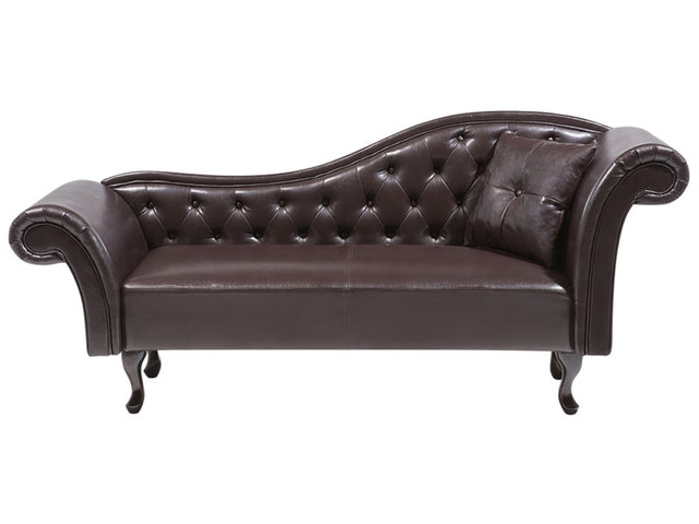 Chaise Lounge Brown Faux Leather Button Tufted Upholstery Right Hand Rolled Arms with Cushion Beliani