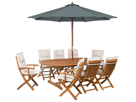 Outdoor Dining Set Light Acacia Wood with Off-White Cushions 8 Seater Table Folding Chairs Dark Grey Umbrella Beliani