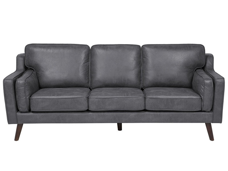 Sofa Grey 3 Seater Faux Leather Oak Wood Legs Classic Mid-Century Living Room Beliani