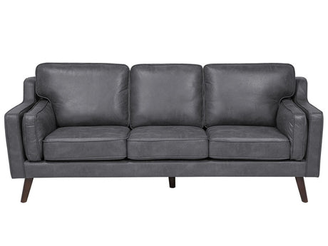 Sofa Grey 3 Seater Faux Leather Oak Wood Legs Classic Mid-Century Living Room Beliani