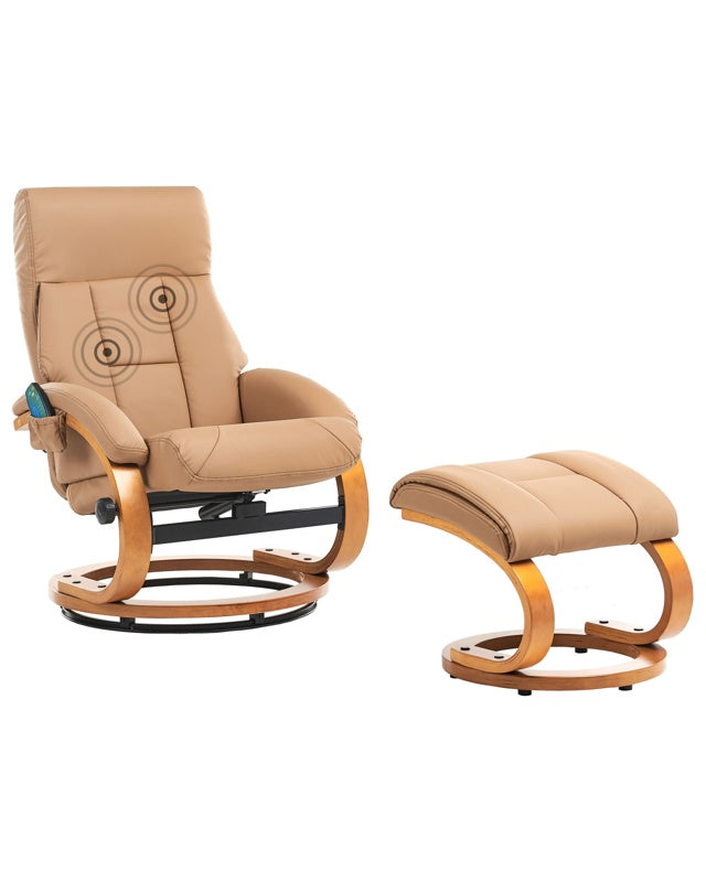 Recliner Armchair Beige with Footstool Faux Leather Upholstered Heated Massage Wooden Frame Adjustable Back Retro Design Beliani