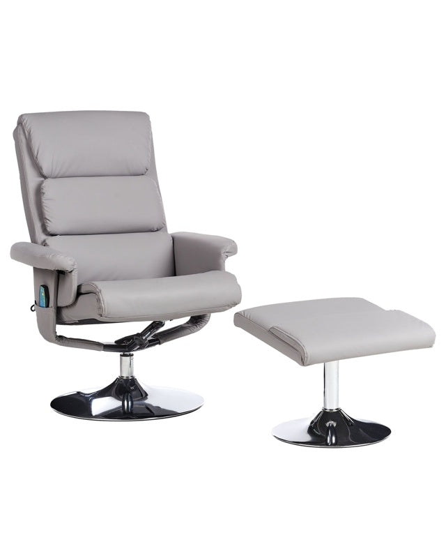 Recliner Armchair Grey with Footstool Faux Leather Upholstered Metal Frame Heated Massage Function Retro Design Beliani