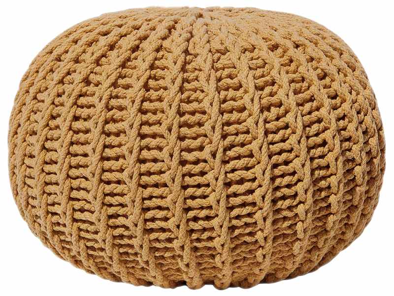 Pouf Ottoman Yellow Knitted Cotton EPS Beads Filling Round Small Footstool 50 x 35 cm Beliani