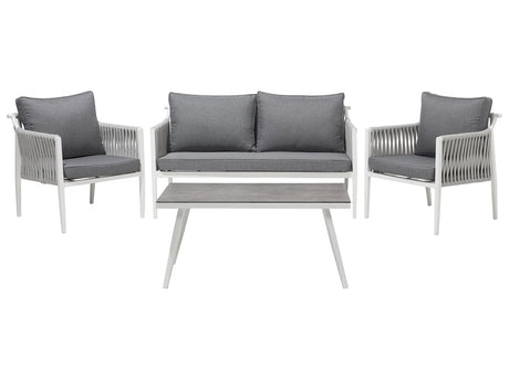 4 Piece Garden Sofa Set White Aluminium Grey Cushions 4 Seater Table Sofa 2 Chairs Beliani