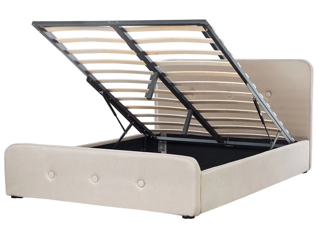 Slatted Bed Frame Beige Polyester Fabric Upholstered Wooden Legs Ottoman Storage 5ft3 EU King Size Modern Design Beliani