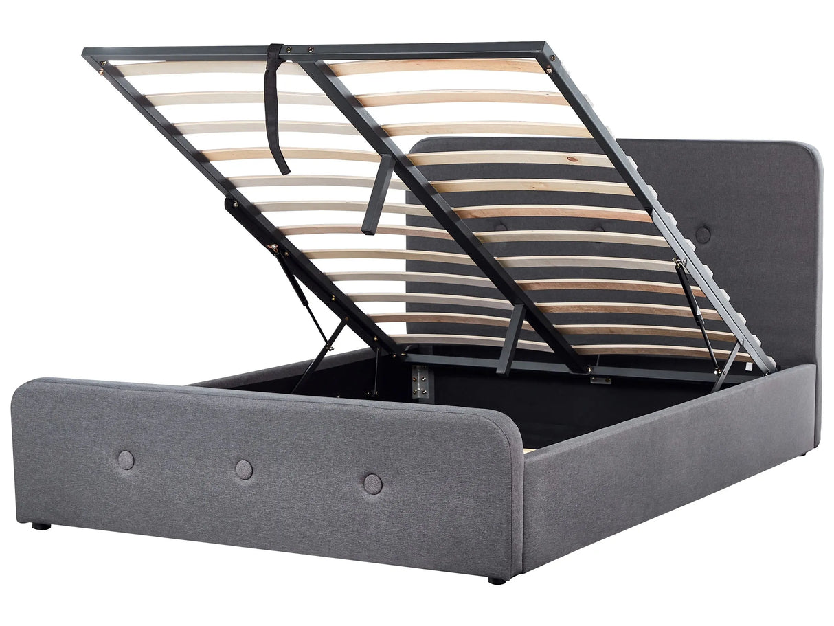 Slatted Bed Frame Dark Grey Polyester Fabric Upholstered Wooden Legs Ottoman Storage 4ft6 EU Double Size Modern Design Beliani