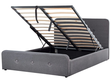 Slatted Bed Frame Dark Grey Polyester Fabric Upholstered Wooden Legs Ottoman Storage 4ft6 EU Double Size Modern Design Beliani