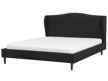 Bed Frame Black Fabric Upholstery Dark Wood Legs EU Super King Size 6ft Retro Beliani