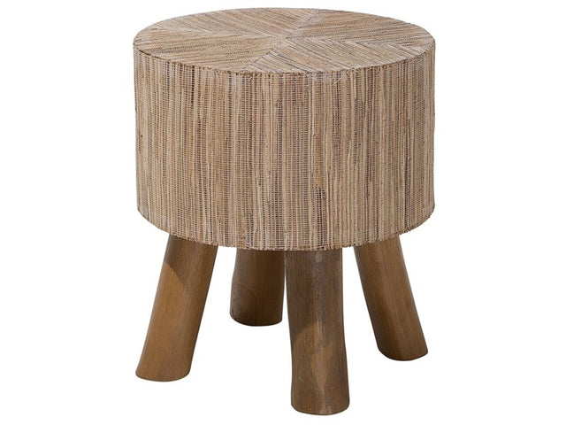 Side Table Light Wood Teak with Water Hyacinth Top 35 cm Round Footstool Rustic Raw Style Beliani