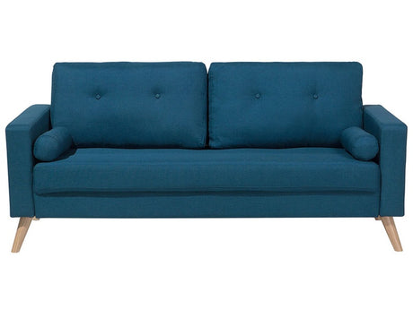 Fabric Sofa Blue Fabric Upholstery 2 Seater Button Tufted with Two Bolsters Beliani