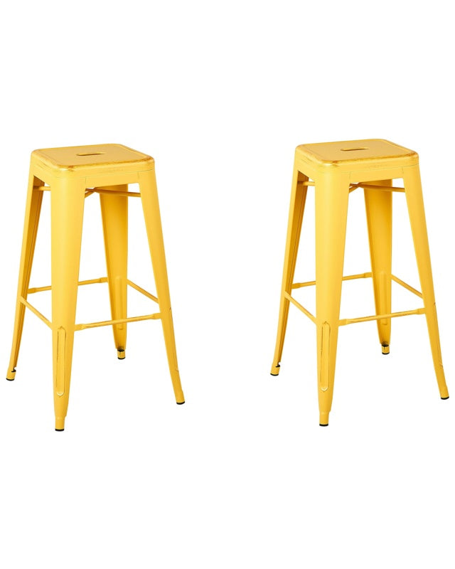 Set of 2 Bar Stools Yellow with Gold Steel 76 cm Stackable Counter Height Industrial Beliani