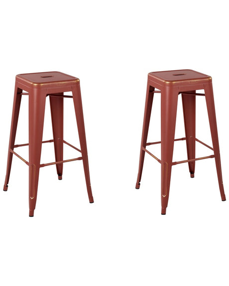 Set of 2 Bar Stools Red with Gold Steel 76 cm Stackable Counter Height Industrial Beliani