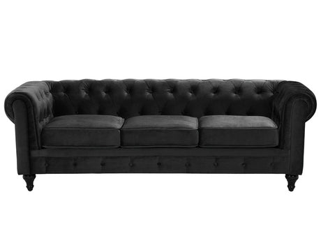 Chesterfield Sofa Black Velvet Fabric Upholstery Dark Wood Legs 3 Seater Contemporary Beliani