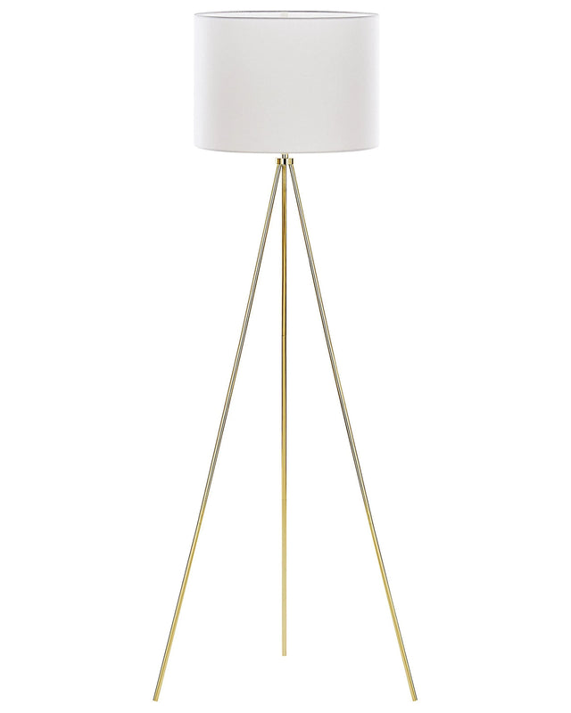 Floor Lamp Gold Metal 148 cm Tripod Stand White Fabric Drum Shade Beliani