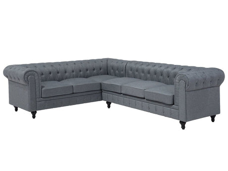 Chesterfield Right Hand Fabric Corner Sofa Grey Fabric Upholstery Dark Wood Legs Chaise 6 Seater Contemporary Beliani