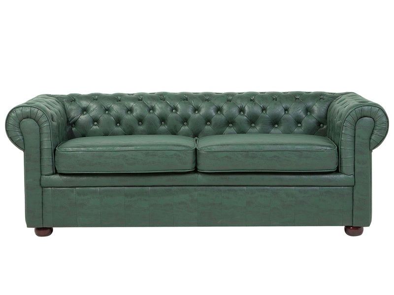 Chesterfield Sofa Green Faux Leather Upholstery Dark Wood Legs 3 Seater Contemporary Beliani