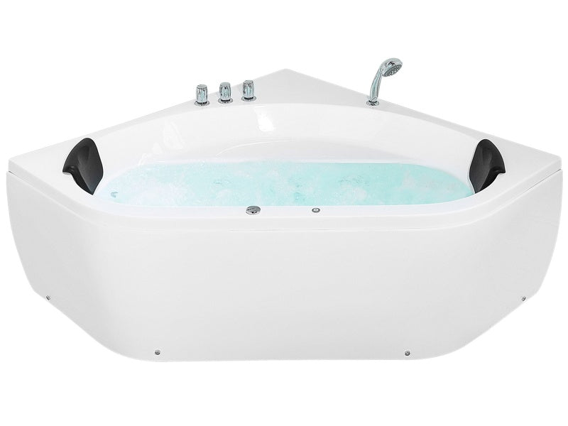 Corner Bath White Acrylic 140 x 140 cm 2 People Massage Jets Headrests LED Lights Beliani