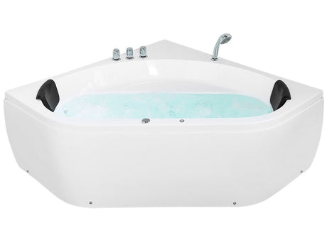 Corner Bath White Acrylic 140 x 140 cm 2 People Massage Jets Headrests LED Lights Beliani