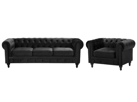 Chesterfield Living Room Set Black Velvet Fabric Upholstery Dark Wood Legs 3 Seater Sofa + Armchair Contemporary Beliani