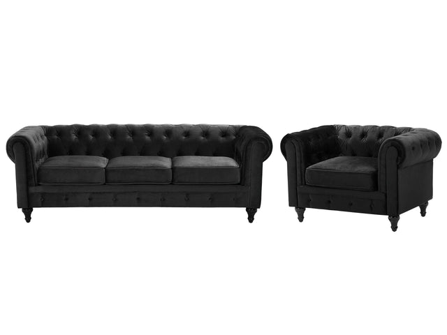 Chesterfield Living Room Set Black Velvet Fabric Upholstery Dark Wood Legs 3 Seater Sofa + Armchair Contemporary Beliani