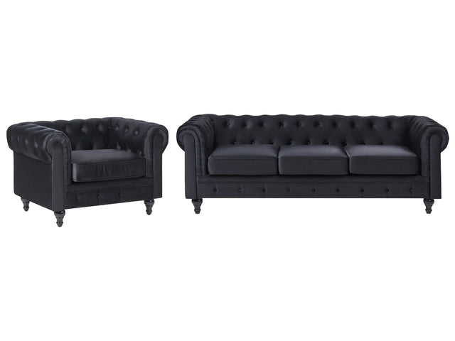 Chesterfield Living Room Set Black Velvet Fabric Upholstery Dark Wood Legs 3 Seater Sofa + Armchair Contemporary Beliani