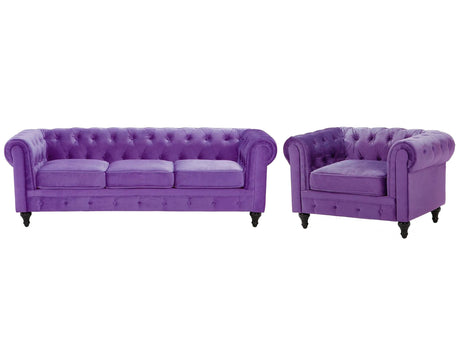 Chesterfield Living Room Set Purple Velvet Fabric Upholstery Dark Wood Legs 3 Seater Sofa + Armchair Contemporary Beliani