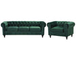 Chesterfield Living Room Set Green Velvet Fabric Upholstery Dark Wood Legs 3 Seater Sofa + Armchair Contemporary Beliani