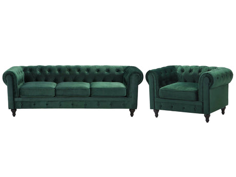 Chesterfield Living Room Set Green Velvet Fabric Upholstery Dark Wood Legs 3 Seater Sofa + Armchair Contemporary Beliani