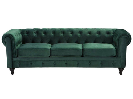 Chesterfield Sofa Green Velvet Fabric Upholstery Dark Wood Legs 3 Seater Contemporary Beliani