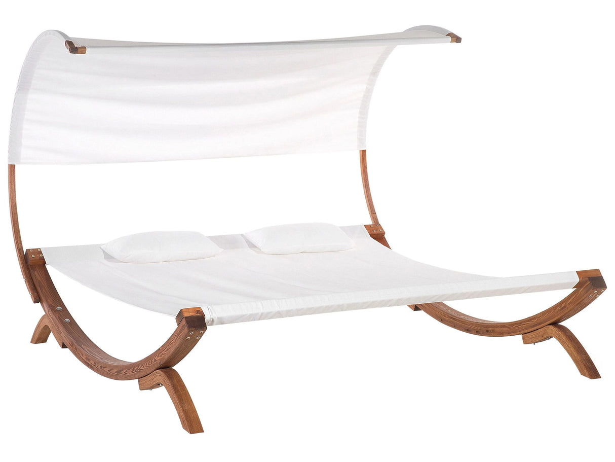 Garden Outdoor Lounger White Textile Seat Larch Wood Frame Double Seat Curved Canopy Beliani