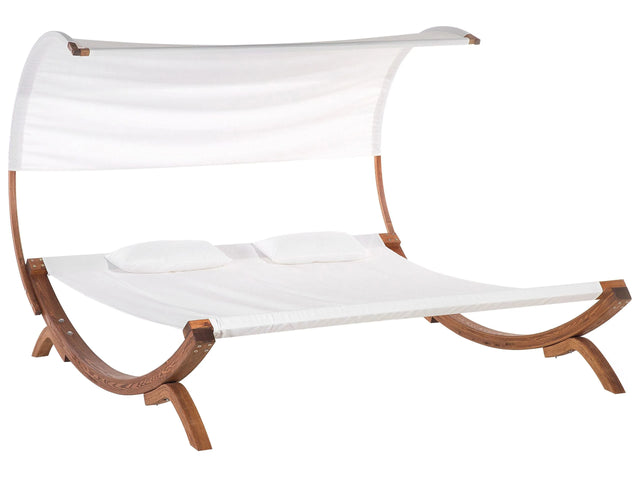Garden Outdoor Lounger White Textile Seat Larch Wood Frame Double Seat Curved Canopy Beliani