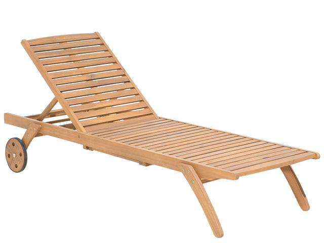 Garden Sun Lounger Light Wood Acacia Reclining on Wheels with Table Beliani