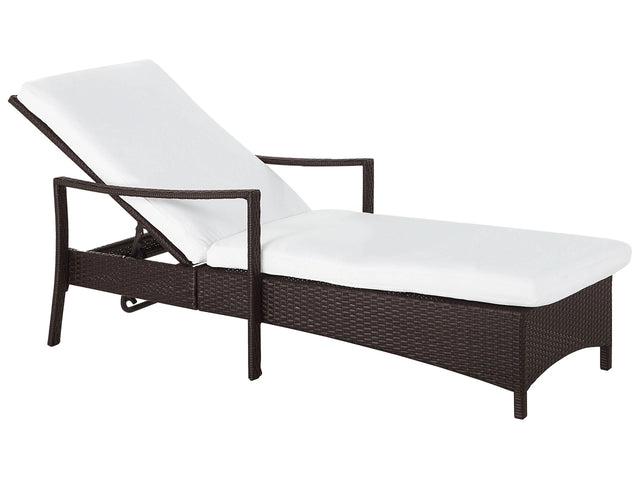 Garden Outdoor Lounger Brown and White Rattan Polyester Fabric Cushion Adjustable Reclining Backrest Beliani