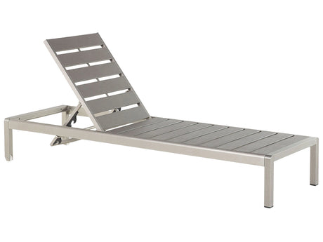 Garden Outdoor Lounger Grey and Silver Plastic Wood Aluminium Frame Adjustable Reclining Backrest Beliani