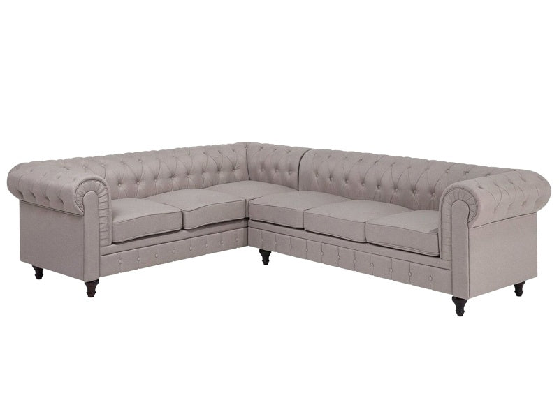 Chesterfield Right Hand Fabric Corner Sofa Beige Fabric Upholstery Dark Wood Legs Chaise 6 Seater Contemporary Beliani