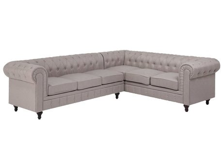 Chesterfield Left Hand Fabric Corner Sofa Beige Fabric Upholstery Dark Wood Legs Chaise 6 Seater Contemporary Beliani