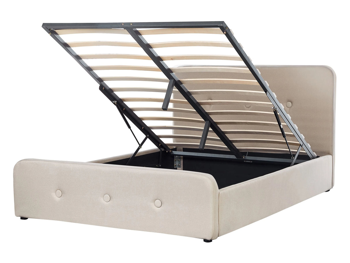 Slatted Bed Frame Beige Polyester Fabric Upholstered Wooden Legs Ottoman Storage 4ft6 EU Double Size Modern Design Beliani