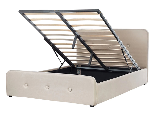 Slatted Bed Frame Beige Polyester Fabric Upholstered Wooden Legs Ottoman Storage 4ft6 EU Double Size Modern Design Beliani