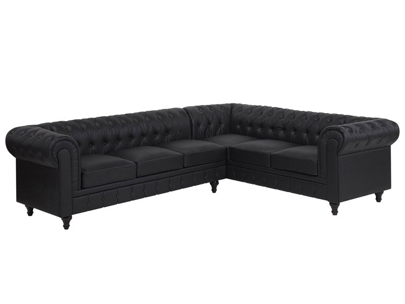 Chesterfield Left Hand Corner Sofa Black Faux Leather Upholstery Dark Wood Legs Chaise 6 Seater Contemporary Beliani