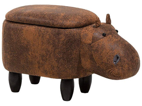 Animal Hippo Children Stool with Storage Brown Faux Leather Wooden Legs Nursery Footstool Beliani