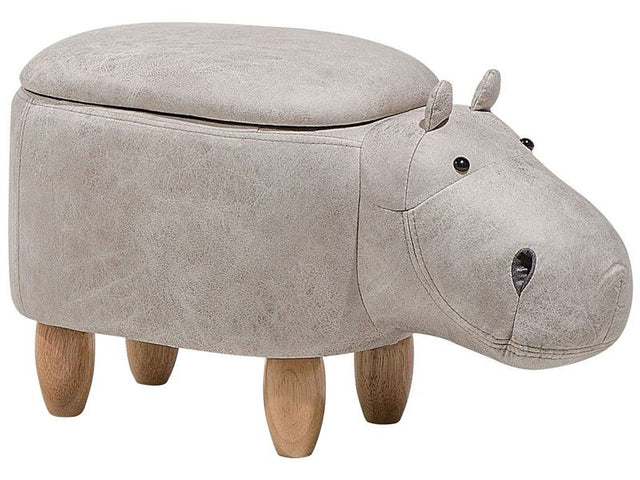 Animal Hippo Children Stool with Storage Light Grey Faux Leather Wooden Legs Nursery Footstool Beliani