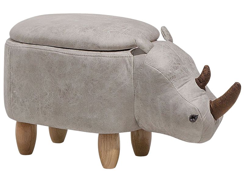 Animal Rhino Children Stool with Storage Light Grey Faux Leather Wooden Legs Nursery Footstool Beliani