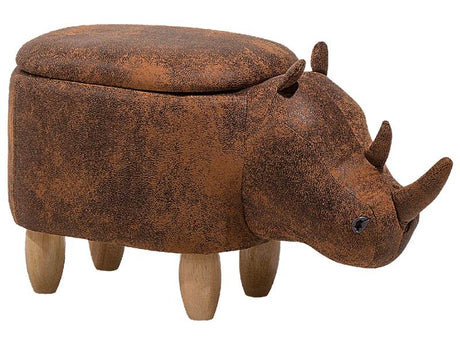 Animal Rhino Children Stool with Storage Brown Faux Leather Wooden Legs Nursery Footstool Beliani