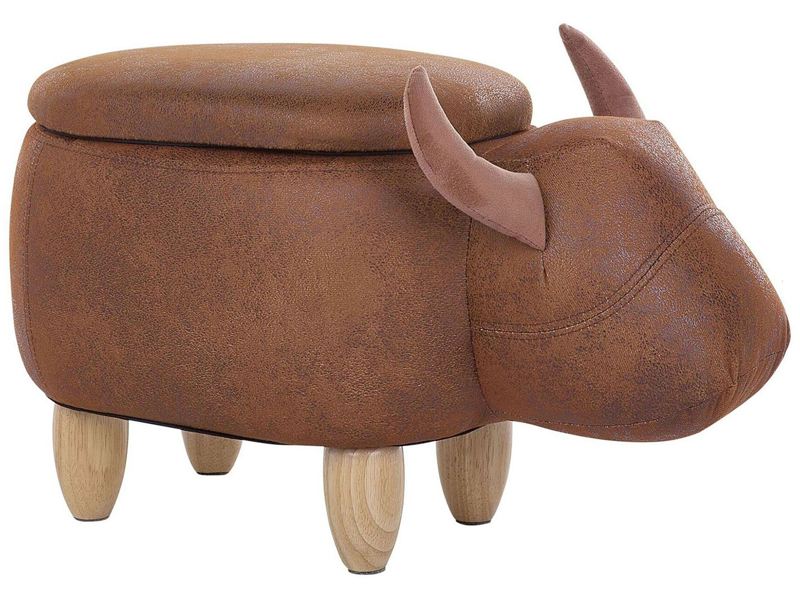 Animal Cow Children Stool with Storage Brown Faux Leather Wooden Legs Nursery Footstool Beliani