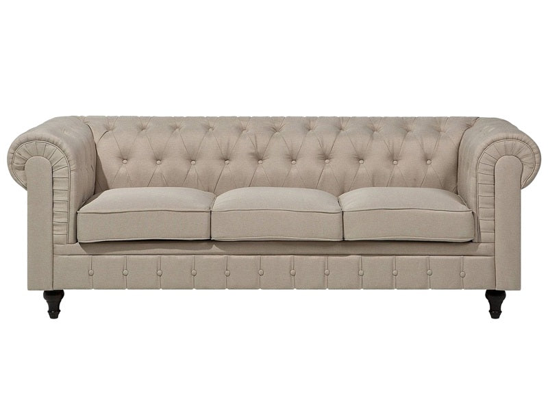 Chesterfield Sofa Beige Fabric Upholstery Dark Wood Legs 3 Seater Contemporary Beliani