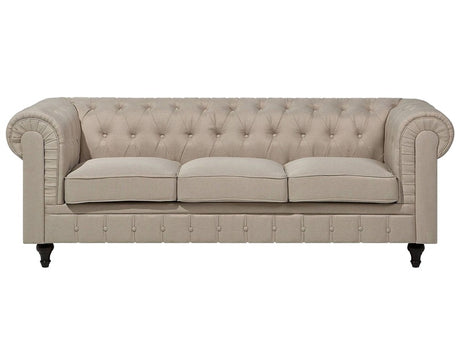 Chesterfield Sofa Beige Fabric Upholstery Dark Wood Legs 3 Seater Contemporary Beliani