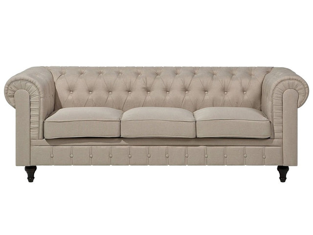 Chesterfield Sofa Beige Fabric Upholstery Dark Wood Legs 3 Seater Contemporary Beliani