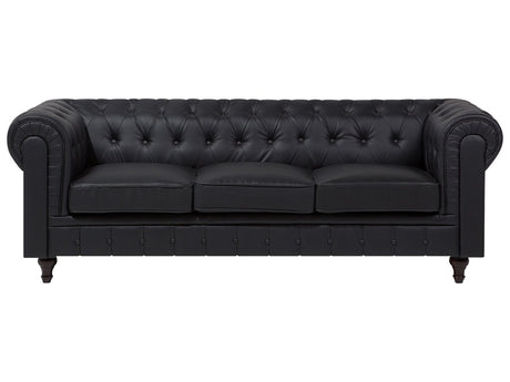 Chesterfield Sofa Black Faux Leather Upholstery Dark Wood Legs 3 Seater Contemporary Beliani