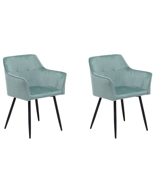 Set of 2 Dining Chairs Mint Green Velvet Upholstered Seat with Armrests Black Metal Legs Beliani