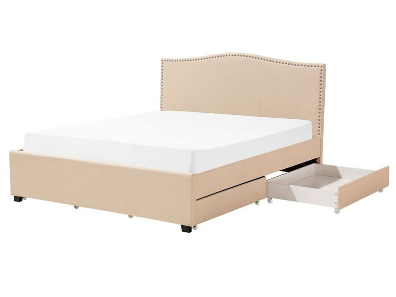 Bed Frame Beige Polyester Upholstered Drawer Storage 5ft3 EU King Size Traditional Design Beliani